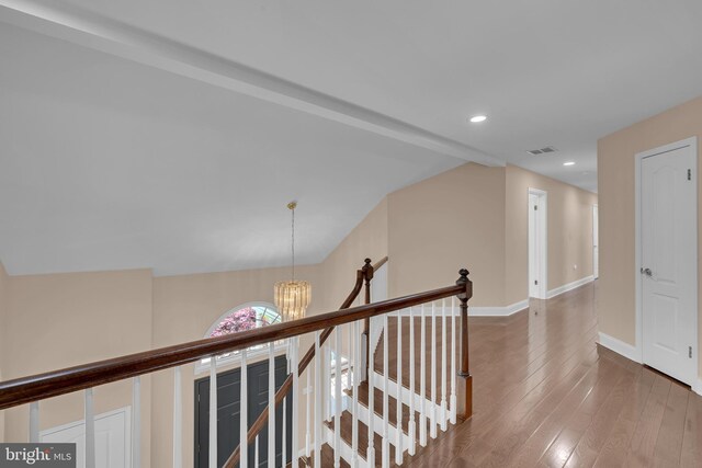 4 Stults Dr, Plainsboro, NJ 08536 - hallway with an upstairs landing, a chandelier, wood-type flooring, baseboards, and recessed lighting