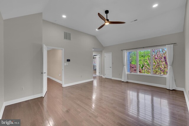 4 Stults Dr, Plainsboro, NJ 08536 - unfurnished living room featuring a ceiling fan, wood finished floors, baseboards, high vaulted ceiling, and recessed lighting