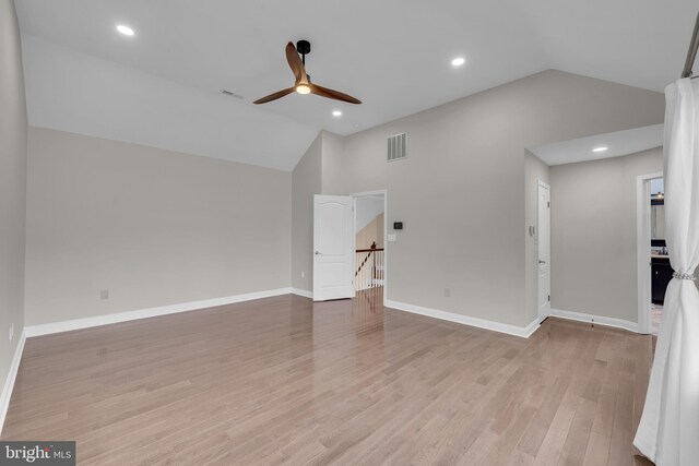 4 Stults Dr, Plainsboro, NJ 08536 - unfurnished living room featuring ceiling fan, light wood-style flooring, baseboards, recessed lighting, and high vaulted ceiling