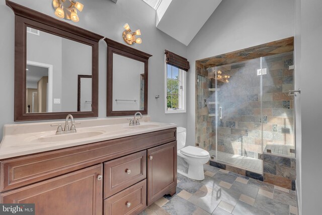 4 Stults Dr, Plainsboro, NJ 08536 - full bath featuring vaulted ceiling, toilet, double vanity, and a shower stall