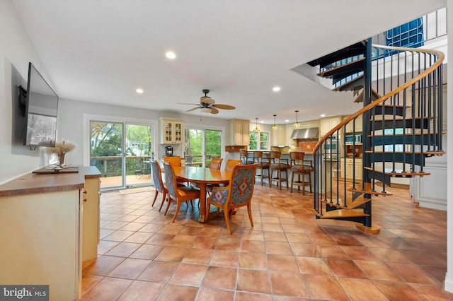 902 Emerald Dr, Alexandria, VA 22308 - dining space with stairs, a ceiling fan, and recessed lighting