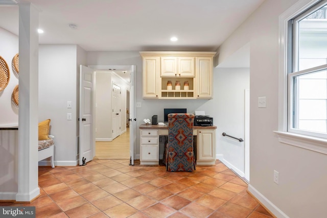 902 Emerald Dr, Alexandria, VA 22308 - home office with built in desk, recessed lighting, baseboards, and light tile patterned floors