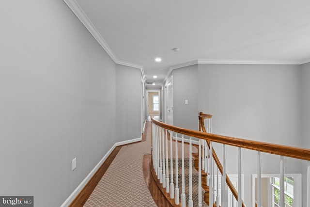 502 Pride Of Baltimore Dr, Arnold, MD 21012 - hall with an upstairs landing, crown molding, baseboards, recessed lighting, and wood finished floors