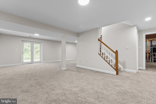 502 Pride Of Baltimore Dr, Arnold, MD 21012 - basement with carpet flooring, stairs, baseboards, and recessed lighting