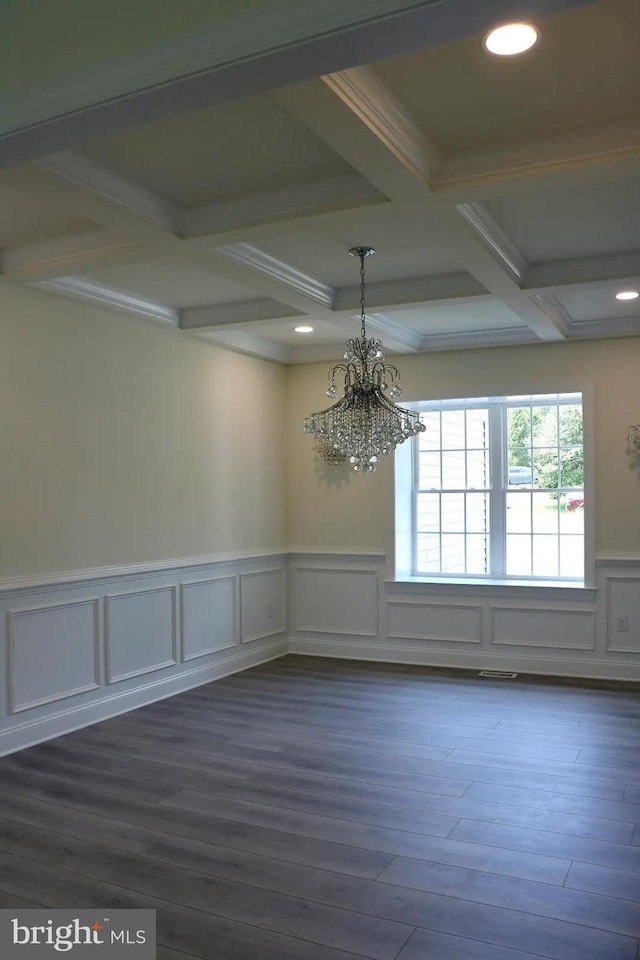 64B Kirk Rd, Garnet Valley, PA 19061 - unfurnished dining area featuring coffered ceiling, beam ceiling, dark wood-style floors, a chandelier, and a decorative wall