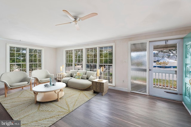 60 Holly, Long Beach Township, NJ 08008 - living room featuring crown molding, wood finished floors, ceiling fan, and baseboards