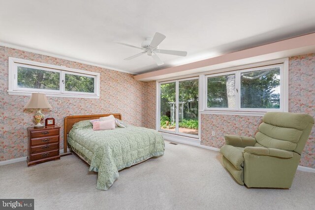 60 Holly, Long Beach Township, NJ 08008 - bedroom featuring wallpapered walls, carpet floors, baseboards, ceiling fan, and crown molding