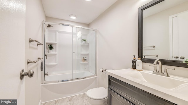 6057 English Creek Ave, Egg Harbor Township, NJ 08234 - bathroom featuring toilet, vanity, marble finish flooring, and bath / shower combo with glass door