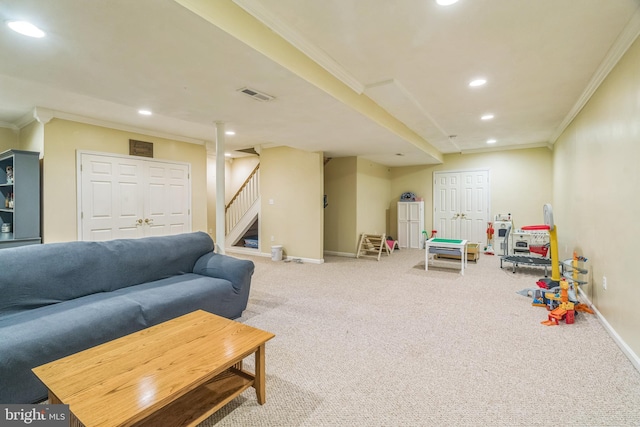 134 Whitaker Ave, North East, MD 21901 - living room featuring ornamental molding, recessed lighting, stairs, carpet, and baseboards