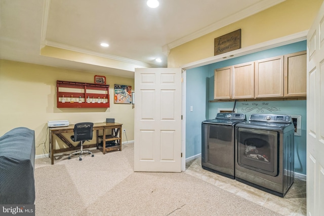 134 Whitaker Ave, North East, MD 21901 - clothes washing area featuring ornamental molding, cabinet space, washing machine and clothes dryer, recessed lighting, and light carpet