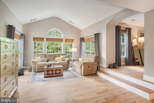 16340 Sandy Ridge Ct, Woodbridge, VA 22191 - living area with arched walkways, vaulted ceiling, light wood finished floors, and baseboards
