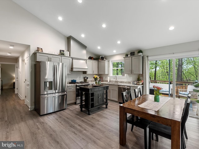 kitchen featuring appliances with stainless steel finishes, gray cabinetry, premium range hood, a sink, and light wood-style floors