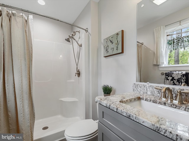 full bath featuring a stall shower, toilet, and vanity