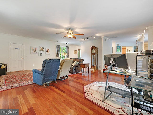 living area featuring ceiling fan, light wood finished floors, and rail lighting