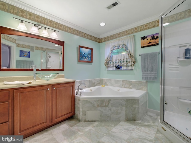 bathroom featuring a stall shower, vanity, a bath, ornamental molding, and marble finish floors