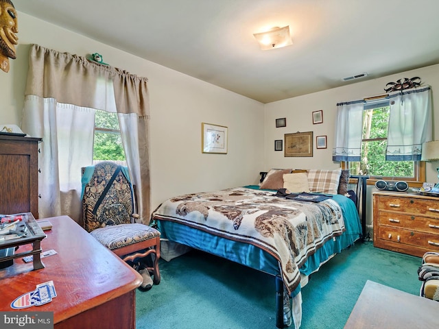 carpeted bedroom featuring multiple windows