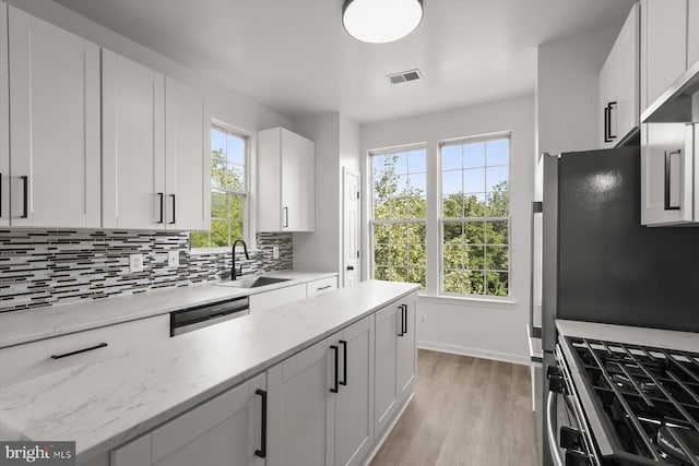 kitchen with a sink, appliances with stainless steel finishes, decorative backsplash, white cabinetry, and light stone counters