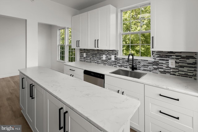 kitchen with a sink, stainless steel dishwasher, decorative backsplash, and white cabinets