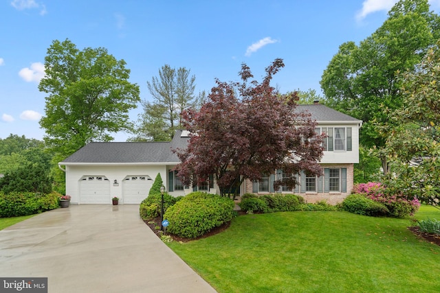 view of front of home featuring an attached garage, concrete driveway, a front lawn, a shingled roof, and brick siding