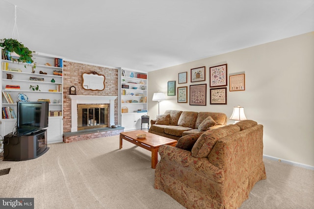carpeted living room with a fireplace and baseboards