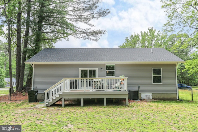 309 N Glebe Rd, Montross, VA 22520 - back of house with a deck, central air condition unit, stairs, and roof with shingles