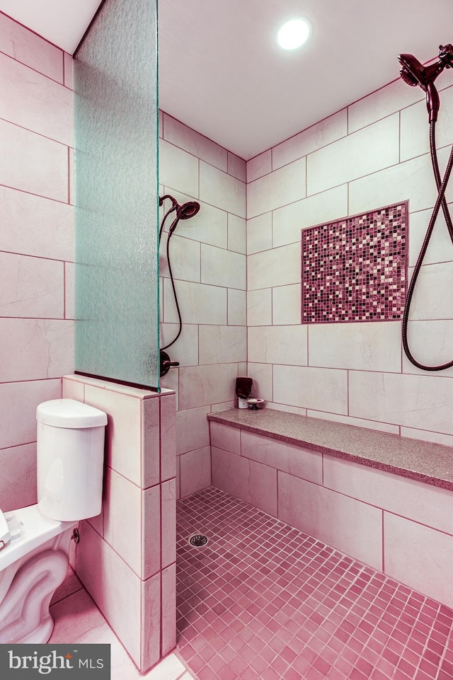 7140 Poole Jones Rd, Frederick, MD 21702 - full bathroom featuring walk in shower, tile patterned flooring, toilet, and tile walls
