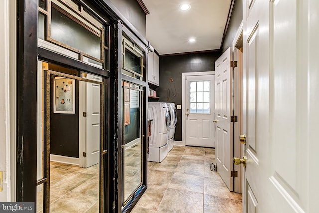 7140 Poole Jones Rd, Frederick, MD 21702 - washroom with cabinet space, washing machine and clothes dryer, recessed lighting, and crown molding