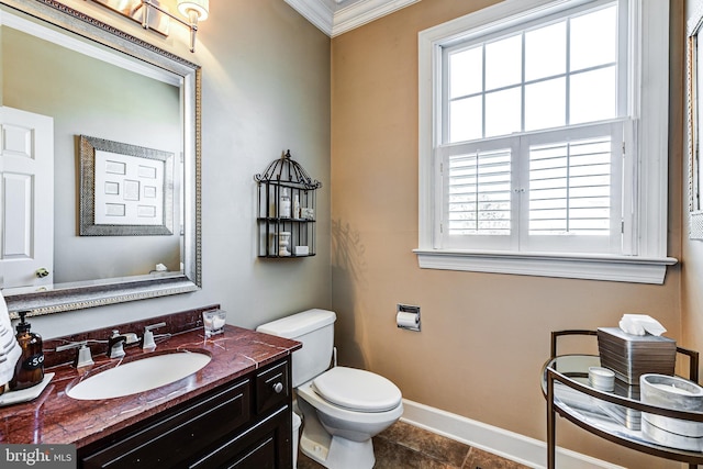 7140 Poole Jones Rd, Frederick, MD 21702 - half bathroom featuring crown molding, toilet, baseboards, and vanity
