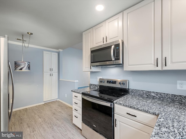 1110 Huntmaster Ter NE Unit 302, Leesburg, VA 20176 - kitchen featuring appliances with stainless steel finishes, light wood-type flooring, white cabinetry, stone counters, and recessed lighting
