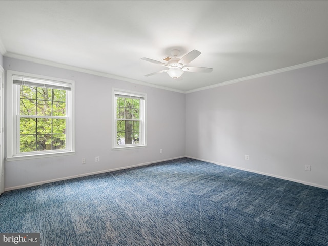 1110 Huntmaster Ter NE Unit 302, Leesburg, VA 20176 - empty room featuring a ceiling fan, ornamental molding, dark carpet, and baseboards