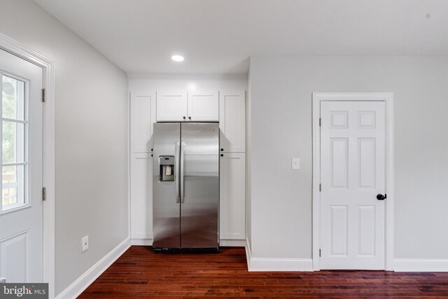 3411 Roselawn Ave, Baltimore, MD 21214 - kitchen with stainless steel fridge, dark wood-style flooring, white cabinets, baseboards, and recessed lighting