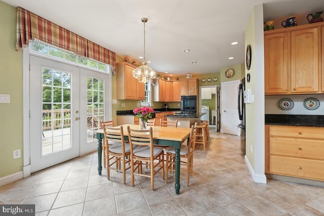 dining space featuring recessed lighting, light tile patterned flooring, baseboards, a chandelier, and french doors