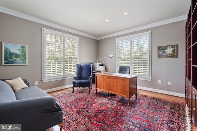 office area featuring baseboards, ornamental molding, wood finished floors, and recessed lighting