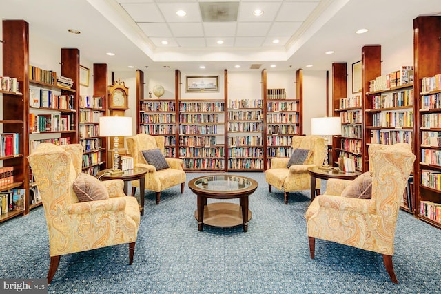 900 N Taylor St Unit 1105, Arlington, VA 22203 - sitting room with bookshelves, carpet flooring, a tray ceiling, and recessed lighting