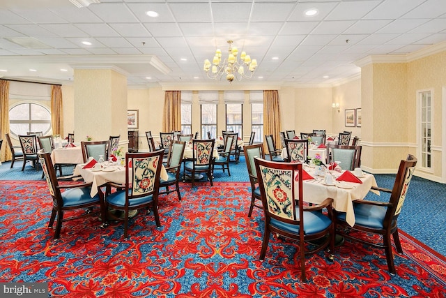 900 N Taylor St Unit 1105, Arlington, VA 22203 - dining area with carpet flooring, crown molding, a chandelier, and recessed lighting