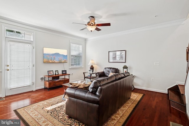 2529 Pascal Pl, Herndon, VA 20171 - living room featuring ceiling fan, ornamental molding, healthy amount of natural light, wood finished floors, and baseboards