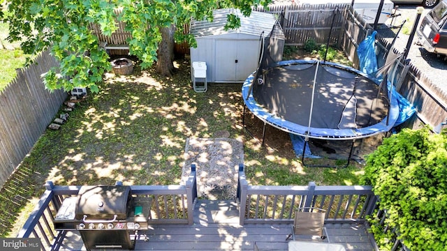 602 Lippincott Ave, Riverton, NJ 08077 - fenced backyard featuring a trampoline, a storage shed, an outbuilding, and a wooden deck