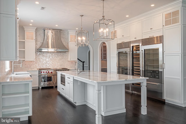 1337 Carolannes Way Unit B6, West Chester, PA 19382 - kitchen featuring premium range hood, open shelves, white cabinets, dark wood finished floors, and recessed lighting