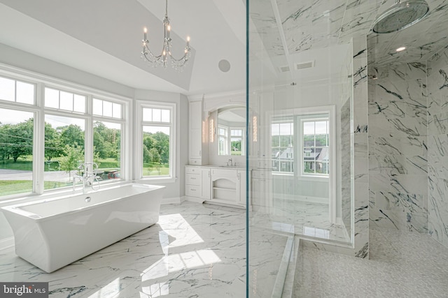 1337 Carolannes Way Unit B6, West Chester, PA 19382 - full bath featuring a chandelier, a freestanding tub, vanity, marble tiled flooring, and a shower