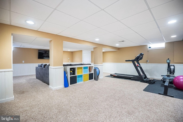 36 Gettysburg Ln, Newtown, PA 18940 - workout room with carpet flooring, wainscoting, a drop ceiling, and recessed lighting