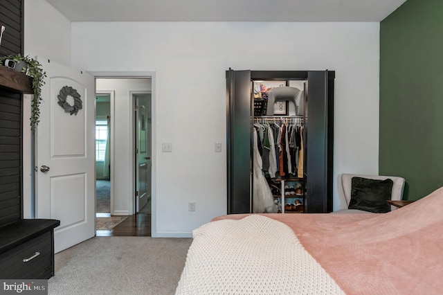 carpeted bedroom with a closet, a spacious closet, and baseboards