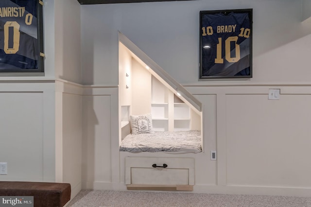 mudroom featuring carpet and a decorative wall
