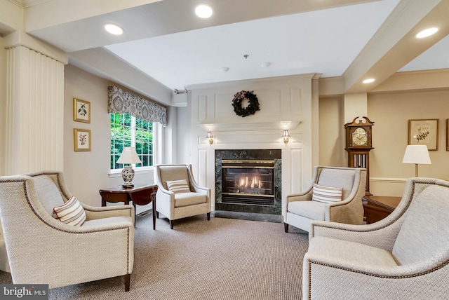 521 Paoli Pointe Dr Unit 521-U, Paoli, PA 19301 - living area featuring carpet flooring, a high end fireplace, and recessed lighting