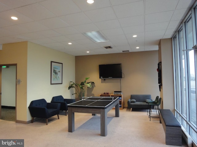 game room with light carpet, recessed lighting, and baseboards