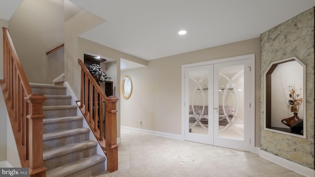 stairs with french doors, baseboards, recessed lighting, and tile patterned floors