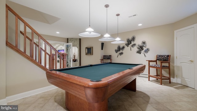 rec room with billiards, recessed lighting, baseboards, light tile patterned floors, and baseboard heating