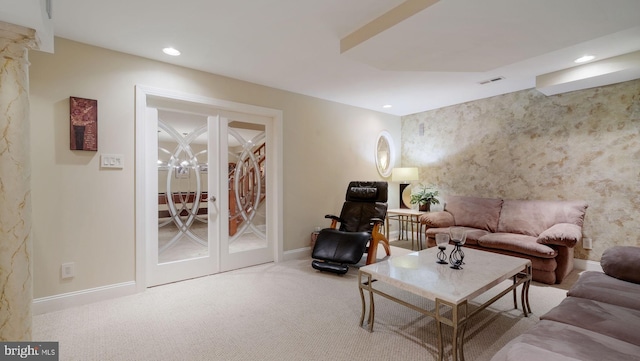 living area with baseboards, recessed lighting, and carpet flooring