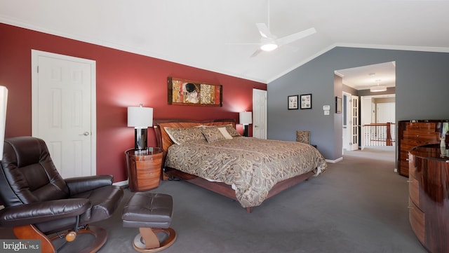 bedroom with ornamental molding, carpet flooring, lofted ceiling, baseboards, and ceiling fan