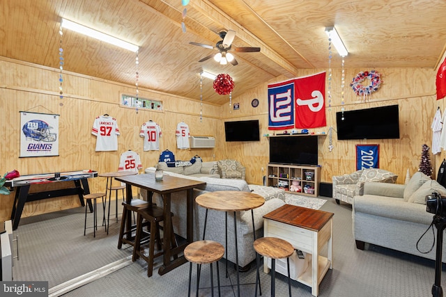 717 E Greenman Rd, Haddonfield, NJ 08033 - bar area with carpet floors, wooden walls, ceiling fan, and wood ceiling