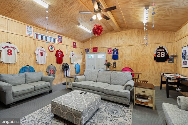 717 E Greenman Rd, Haddonfield, NJ 08033 - carpeted living area featuring ceiling fan, vaulted ceiling, wooden walls, wood ceiling, and baseboards